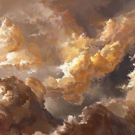 A painted cloudscape lit gold, the sky over Olympus