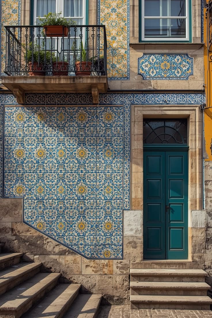 A tiled facade with a balcony and a green door