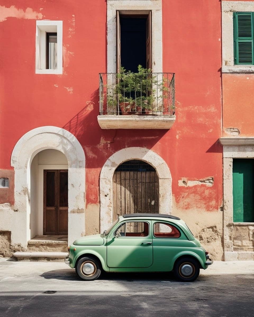 A small green car parked against a coral painted facade