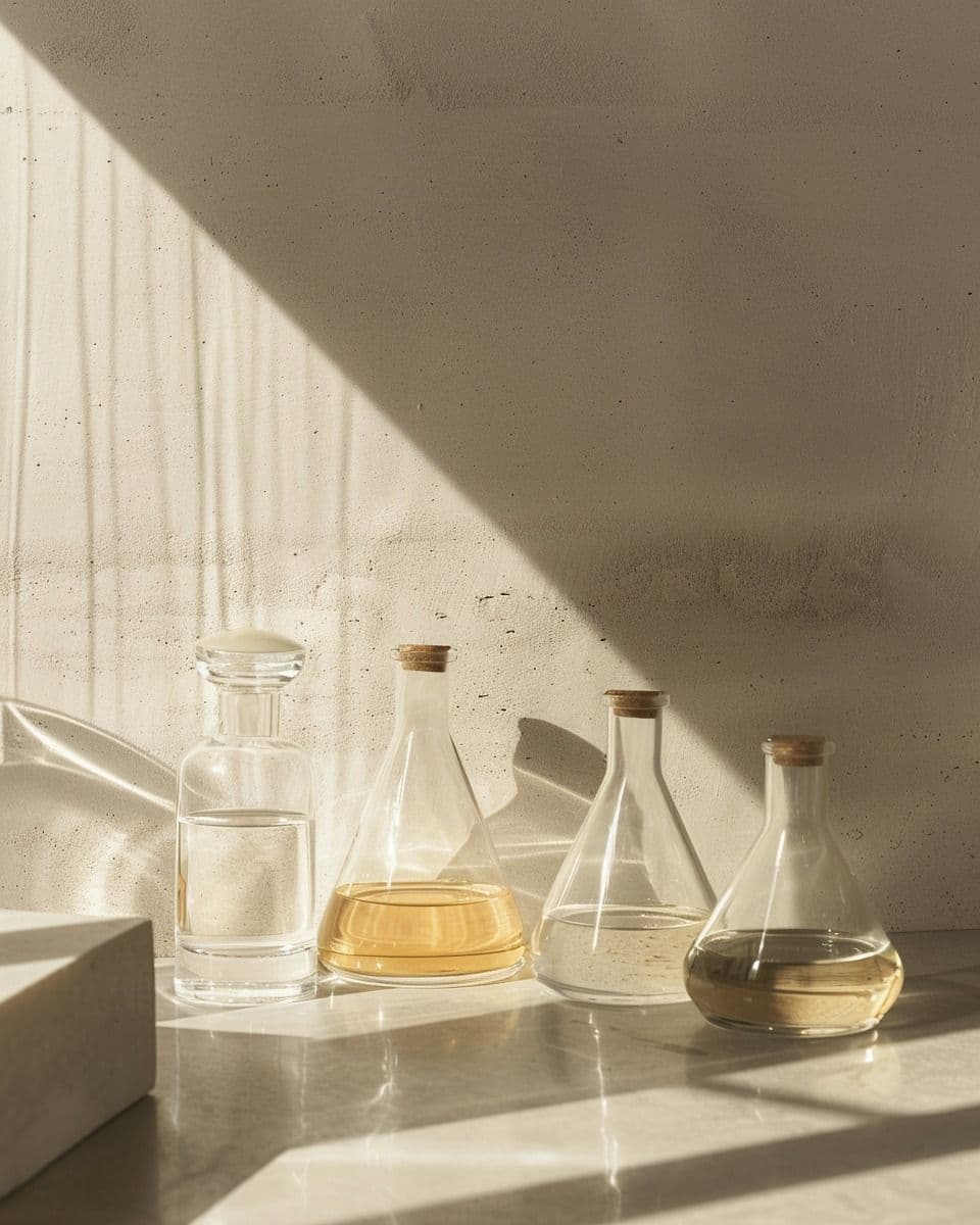 Glass laboratory flasks on a stone surface in low afternoon light